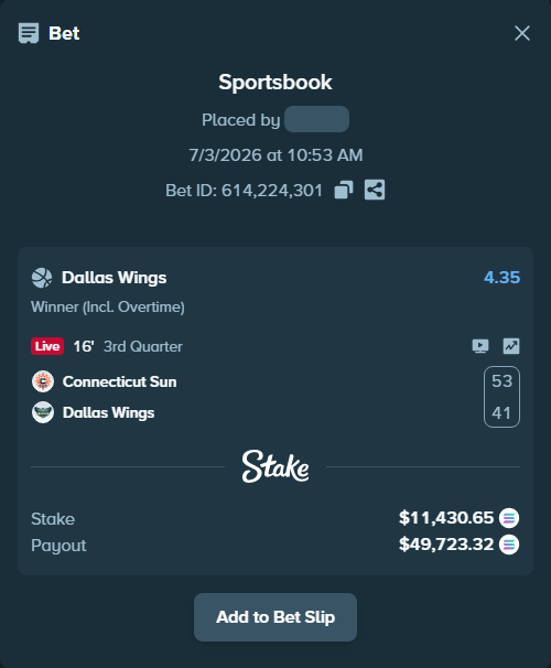 Bet slip: Connecticut Sun - Dallas Wings, $11,615.77 stake at 4.35 odds, placed by Prettylfacko98