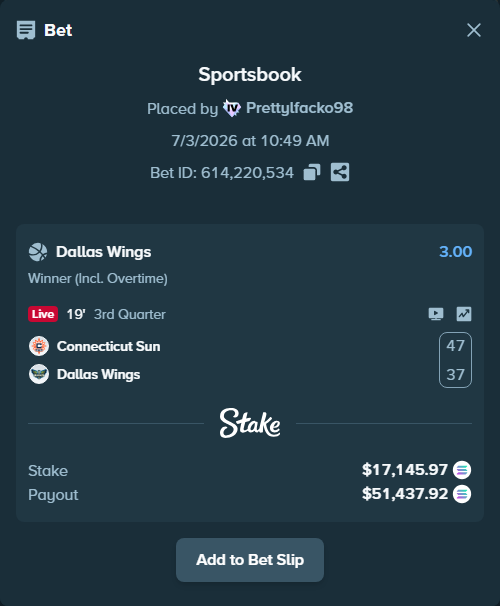 Bet slip: Connecticut Sun - Dallas Wings, $17,423.66 stake at 3.00 odds, placed by Prettylfacko98
