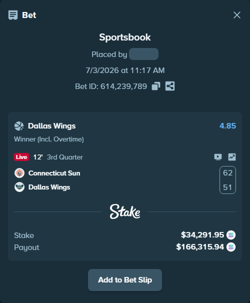 Bet slip: Connecticut Sun - Dallas Wings, $34,678.30 stake at 4.85 odds, placed by Prettylfacko98