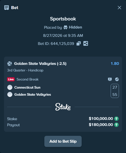 Bet slip: Connecticut Sun - Golden State Valkyries, $100,000.00 stake at 1.80 odds, placed by Hidden