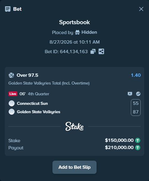 Bet slip: Connecticut Sun - Golden State Valkyries, $150,000.00 stake at 1.40 odds, placed by Hidden