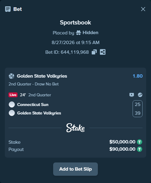 Bet slip: Connecticut Sun - Golden State Valkyries, $50,000.00 stake at 1.80 odds, placed by Hidden