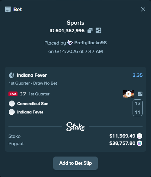 Bet slip: Connecticut Sun - Indiana Fever, $12,315.09 stake at 3.35 odds, placed by Prettylfacko98