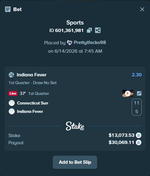 Bet slip: Connecticut Sun - Indiana Fever, $13,916.05 stake at 2.30 odds, placed by Prettylfacko98