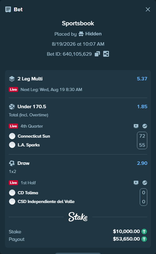 Bet slip: Connecticut Sun - Los Angeles Sparks, $10,010.00 stake at 1.85 odds, placed by Hidden