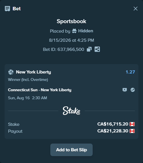 Bet slip: Connecticut Sun - New York Liberty, $12,369.25 stake at 1.27 odds, placed by Hidden