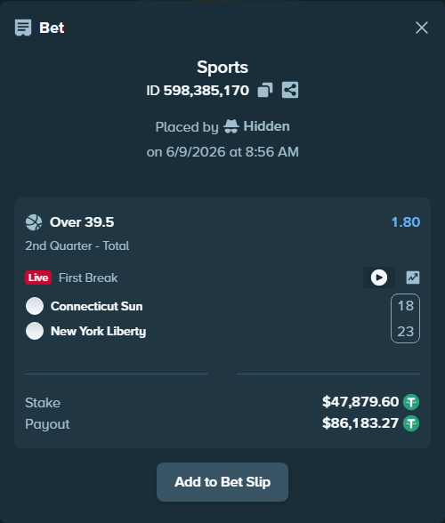 Bet slip: Connecticut Sun - New York Liberty, $47,879.60 stake at 1.80 odds, placed by Hidden