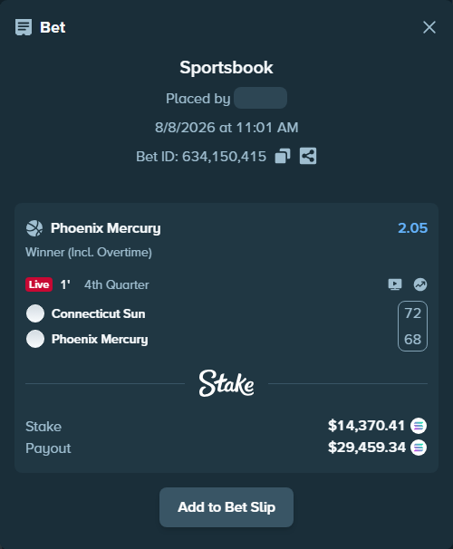 Bet slip: Connecticut Sun - Phoenix Mercury, $14,425.50 stake at 2.05 odds, placed by Prettylfacko98