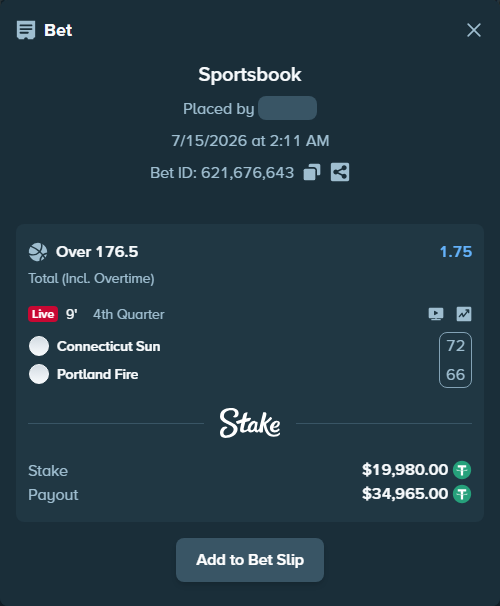 Bet slip: Connecticut Sun - Portland Fire, $19,999.98 stake at 1.75 odds, placed by Kriski99
