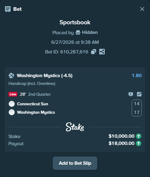 Bet slip: Connecticut Sun - Washington Mystics, $10,010.00 stake at 1.80 odds, placed by Hidden