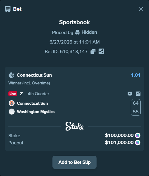 Bet slip: Connecticut Sun - Washington Mystics, $113,020.16 stake at 1.01 odds, placed by Hidden