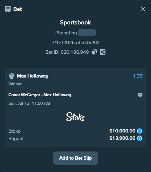 Bet slip: Conor McGregor - Max Holloway, $10,000.00 stake at 1.39 odds, placed by clexnc