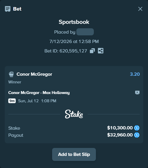 Bet slip: Conor McGregor - Max Holloway, $10,300.00 stake at 3.20 odds, placed by Shabbotshalom