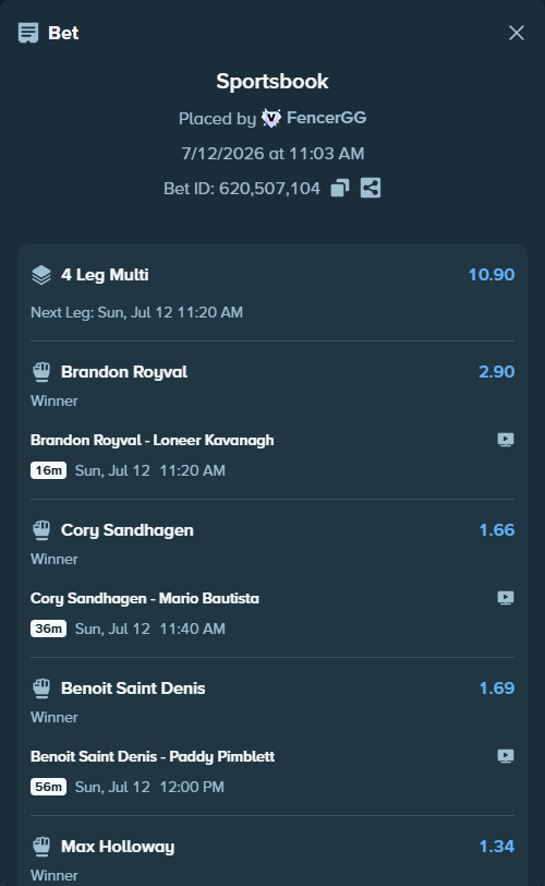 Bet slip: Conor McGregor - Max Holloway, $12,500.00 stake at 1.34 odds, placed by FencerGG