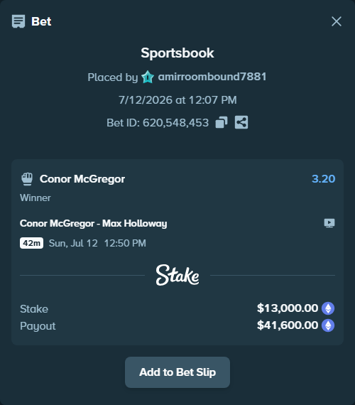 Bet slip: Conor McGregor - Max Holloway, $13,711.63 stake at 3.20 odds, placed by amirroombound7881