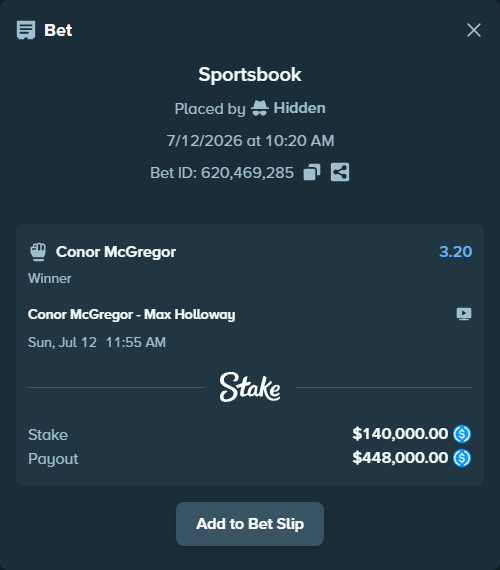 Bet slip: Conor McGregor - Max Holloway, $140,000.00 stake at 3.20 odds, placed by Hidden
