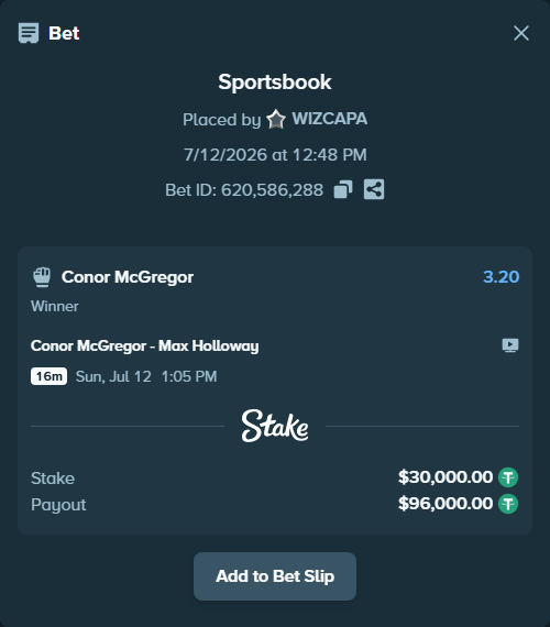 Bet slip: Conor McGregor - Max Holloway, $30,030.00 stake at 3.20 odds, placed by WIZCAPA