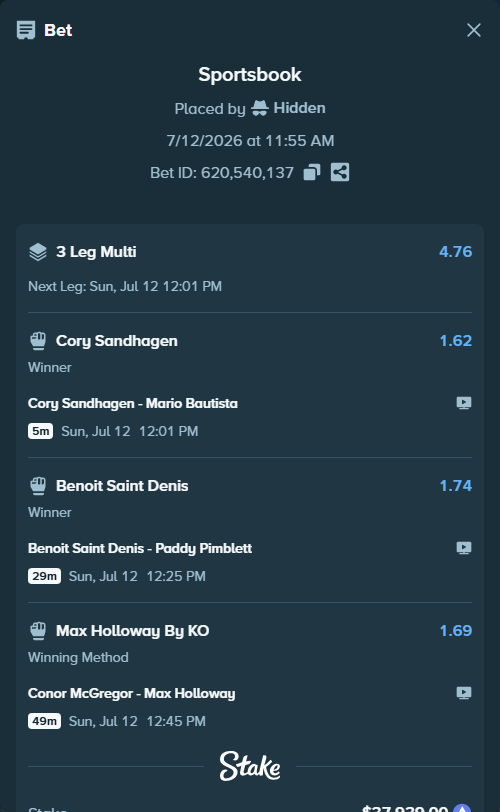 Bet slip: Conor McGregor - Max Holloway, $40,015.80 stake at 1.69 odds, placed by Hidden