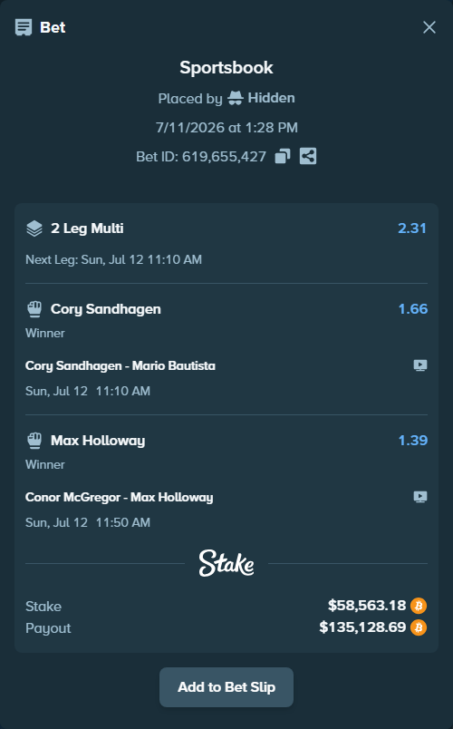Bet slip: Conor McGregor - Max Holloway, $58,727.81 stake at 1.39 odds, placed by Hidden