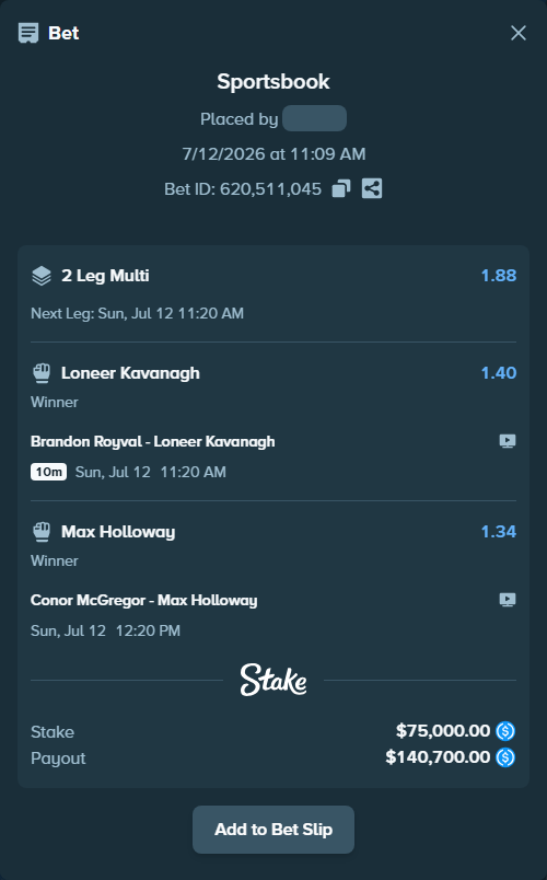 Bet slip: Conor McGregor - Max Holloway, $75,000.00 stake at 1.34 odds, placed by Cabrzy