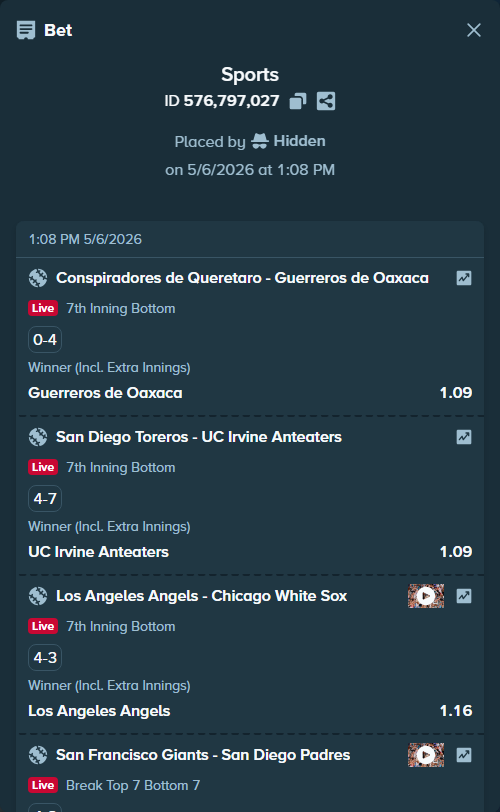 Bet slip: Conspiradores de Queretaro - Guerreros de Oaxaca, $4,249.38 stake at 1.09 odds, placed by Hidden