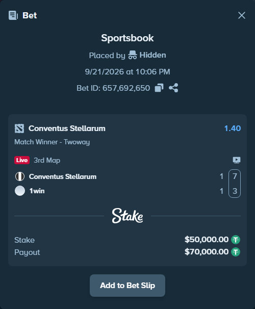 Bet slip: Conventus Stellarum - 1win, $50,000.00 stake at 1.40 odds, placed by Hidden