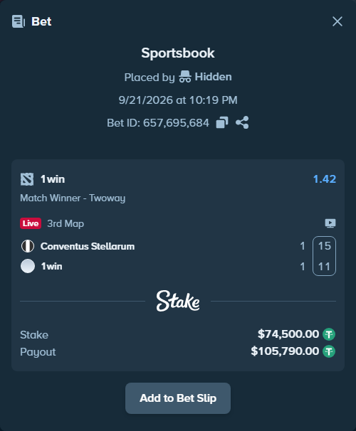 Bet slip: Conventus Stellarum - 1win, $74,574.50 stake at 1.42 odds, placed by Hidden