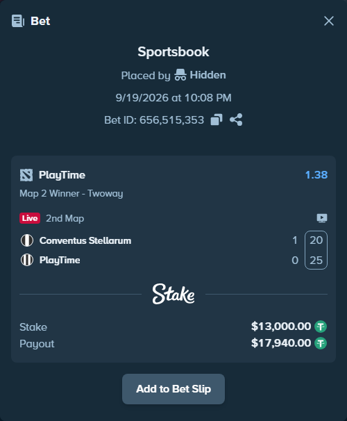 Bet slip: Conventus Stellarum - PlayTime, $13,000.00 stake at 1.38 odds, placed by Hidden