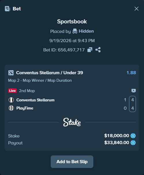 Bet slip: Conventus Stellarum - PlayTime, $18,000.00 stake at 1.88 odds, placed by Hidden