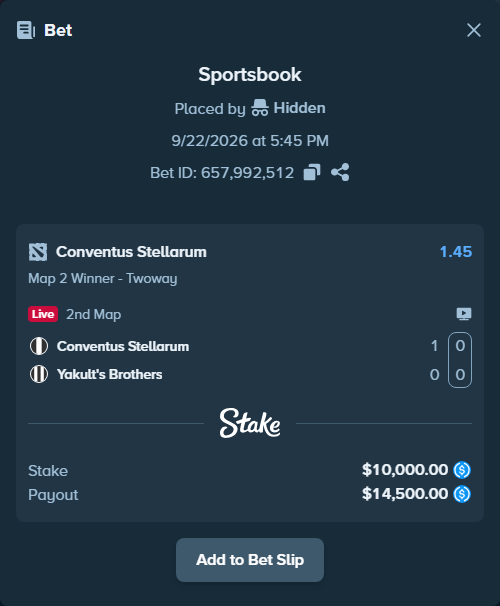 Bet slip: Conventus Stellarum - Yakult's Brothers, $10,000.00 stake at 1.45 odds, placed by Hidden
