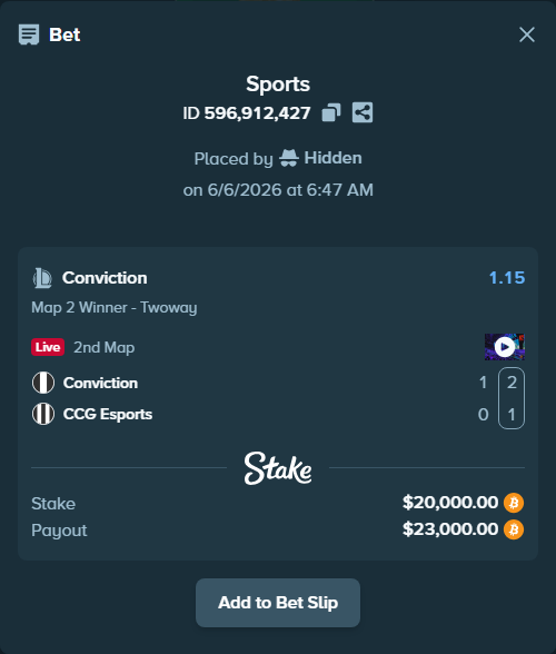 Bet slip: Conviction - CCG Esports, $20,894.38 stake at 1.15 odds, placed by Hidden