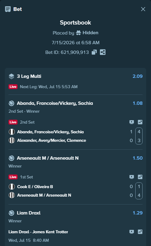 Bet slip: Cook E / Oliveira B - Arseneault M / Arseneault N, $20,020.00 stake at 1.50 odds, placed by Hidden