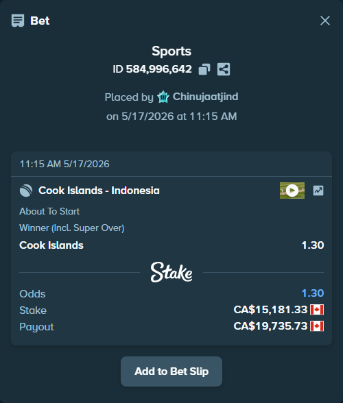 Bet slip: Cook Islands - Indonesia, $11,234.18 stake at 1.30 odds, placed by Chinujaatjind