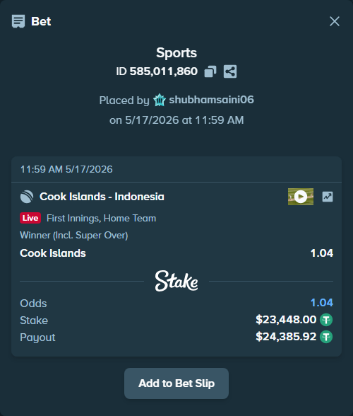 Bet slip: Cook Islands - Indonesia, $23,448.00 stake at 1.04 odds, placed by shubhamsaini06