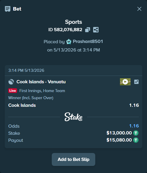 Bet slip: Cook Islands - Vanuatu, $13,000.00 stake at 1.16 odds, placed by Prashant8501