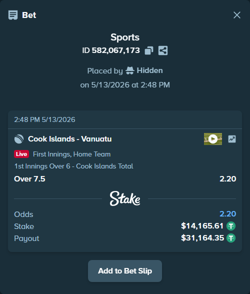 Bet slip: Cook Islands - Vanuatu, $14,165.61 stake at 2.20 odds, placed by Hidden