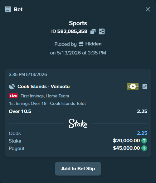Bet slip: Cook Islands - Vanuatu, $20,000.00 stake at 2.25 odds, placed by Hidden