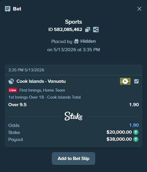 Bet slip: Cook Islands - Vanuatu, $20,000.00 stake at 1.90 odds, placed by Hidden