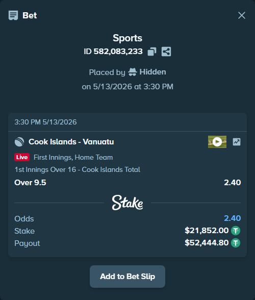Bet slip: Cook Islands - Vanuatu, $21,852.00 stake at 2.40 odds, placed by Hidden