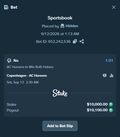 Bet slip: Copenhagen - AC Horsens, $10,000.00 stake at 1.01 odds, placed by Hidden
