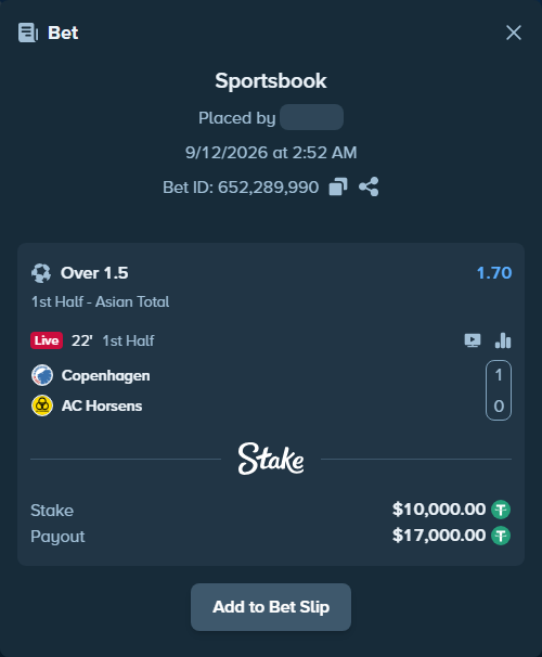 Bet slip: Copenhagen - AC Horsens, $10,000.00 stake at 1.70 odds, placed by tlwns4736