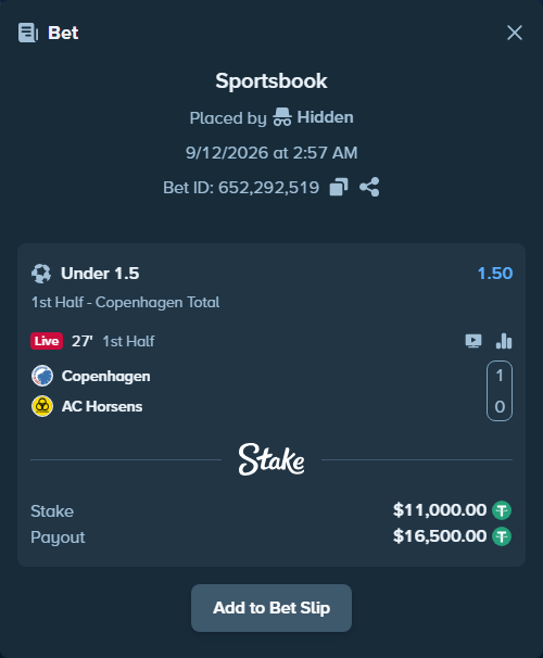 Bet slip: Copenhagen - AC Horsens, $11,000.00 stake at 1.50 odds, placed by Hidden
