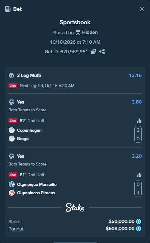 Bet slip: Copenhagen - Braga, $50,000.00 stake at 3.80 odds, placed by Hidden