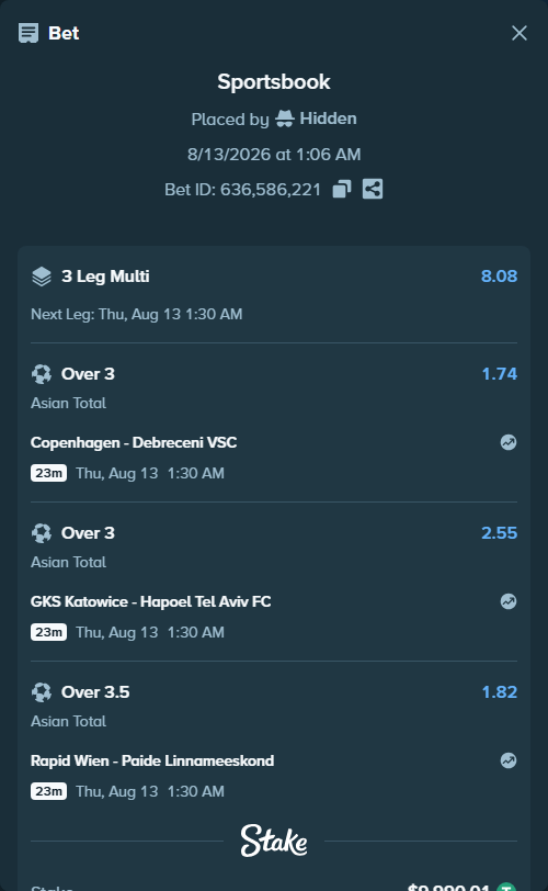 Bet slip: Copenhagen - Debreceni VSC, $10,000.00 stake at 1.74 odds, placed by Hidden