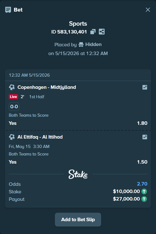 Bet slip: Copenhagen - Midtjylland, $10,000.00 stake at 1.80 odds, placed by Hidden