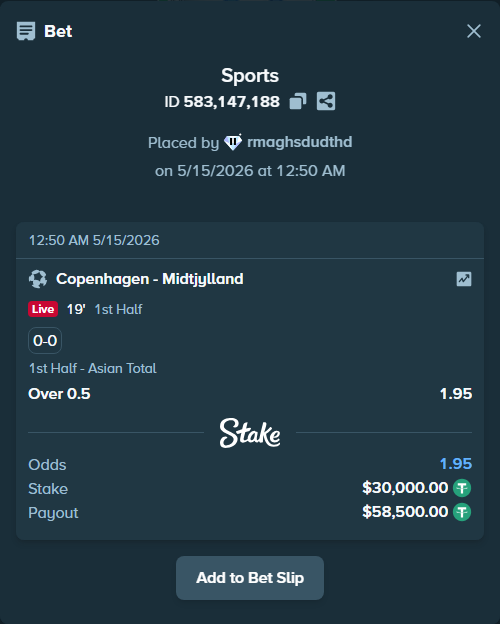 Bet slip: Copenhagen - Midtjylland, $30,000.00 stake at 1.95 odds, placed by rmaghsdudthd