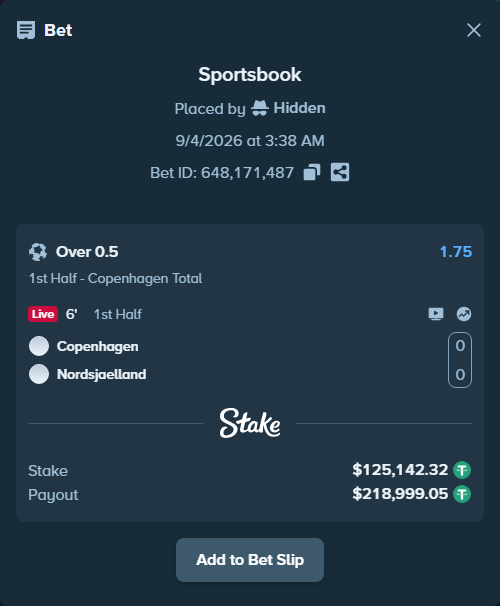 Bet slip: Copenhagen - Nordsjaelland, $125,142.32 stake at 1.75 odds, placed by Hidden