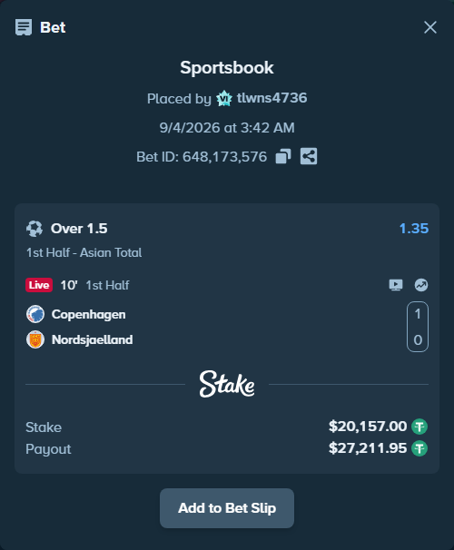 Bet slip: Copenhagen - Nordsjaelland, $20,157.00 stake at 1.35 odds, placed by tlwns4736