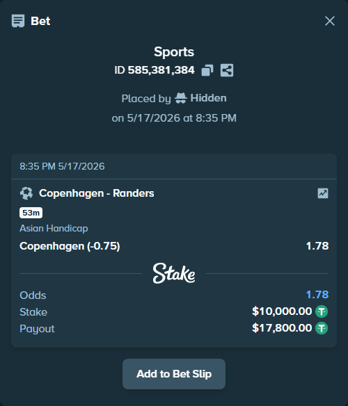 Bet slip: Copenhagen - Randers, $10,000.00 stake at 1.78 odds, placed by Hidden