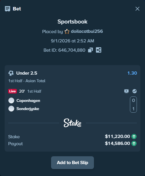 Bet slip: Copenhagen - Soenderjyske, $11,220.00 stake at 1.30 odds, placed by doilacatbui256